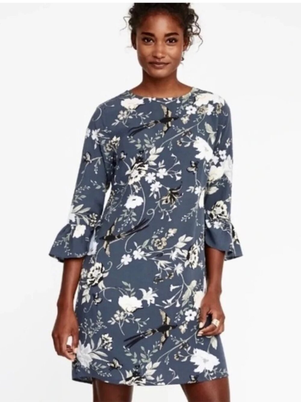 Old Navy NWT Gray Blue Floral Birds Butterfly Bell Sleeve Shift Dress